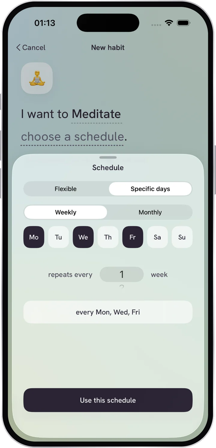 The same sheet with Specific days selected instead. Weekly is chosen over Monthly, Mon, Wed and Fri are picked out of the seven days, it repeats every 1 week, and the summary reads every Mon, Wed, Fri.