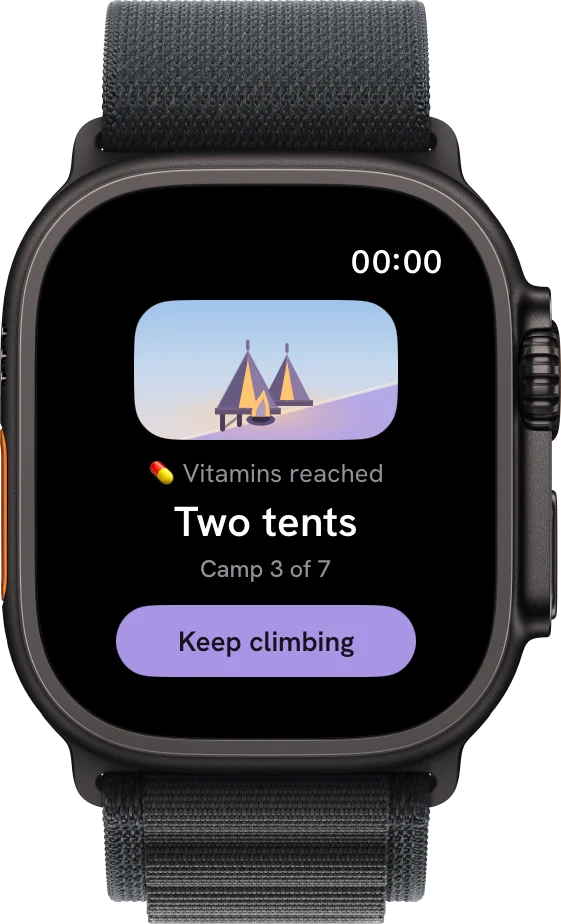The watch at midnight. A small picture of two tents on the hill, then Vitamins reached, Two tents, Camp 3 of 7, and a button reading Keep climbing.