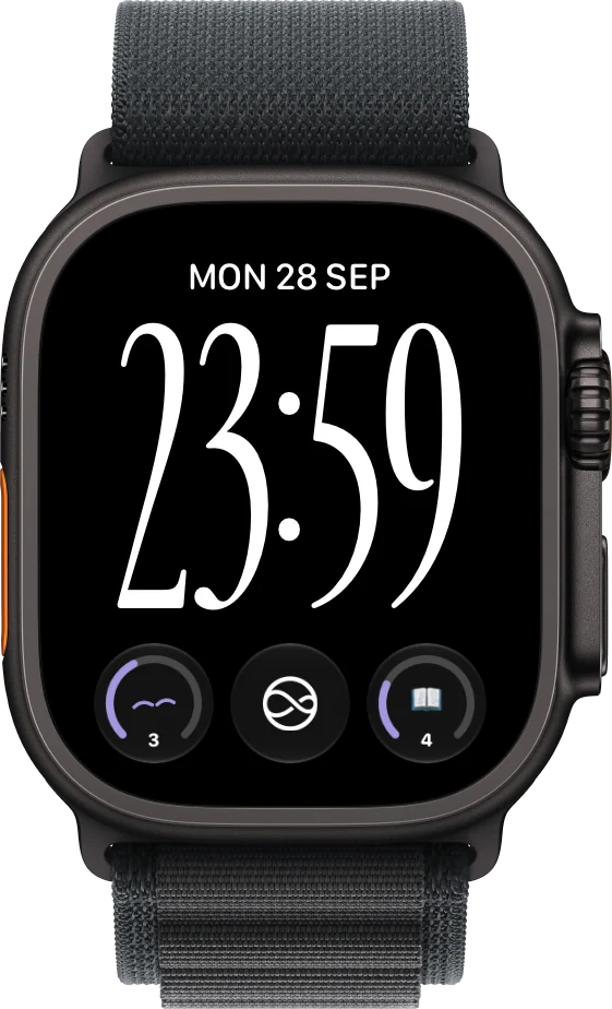 A watch face reading Mon 28 Sep, 23:59, with three Loma complications along the bottom: two habits' progress rings, showing 3 and 4, either side of the app's own mark.